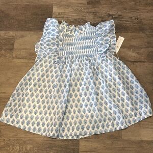 Blue and White Smocked Cap Sleeve Blouse